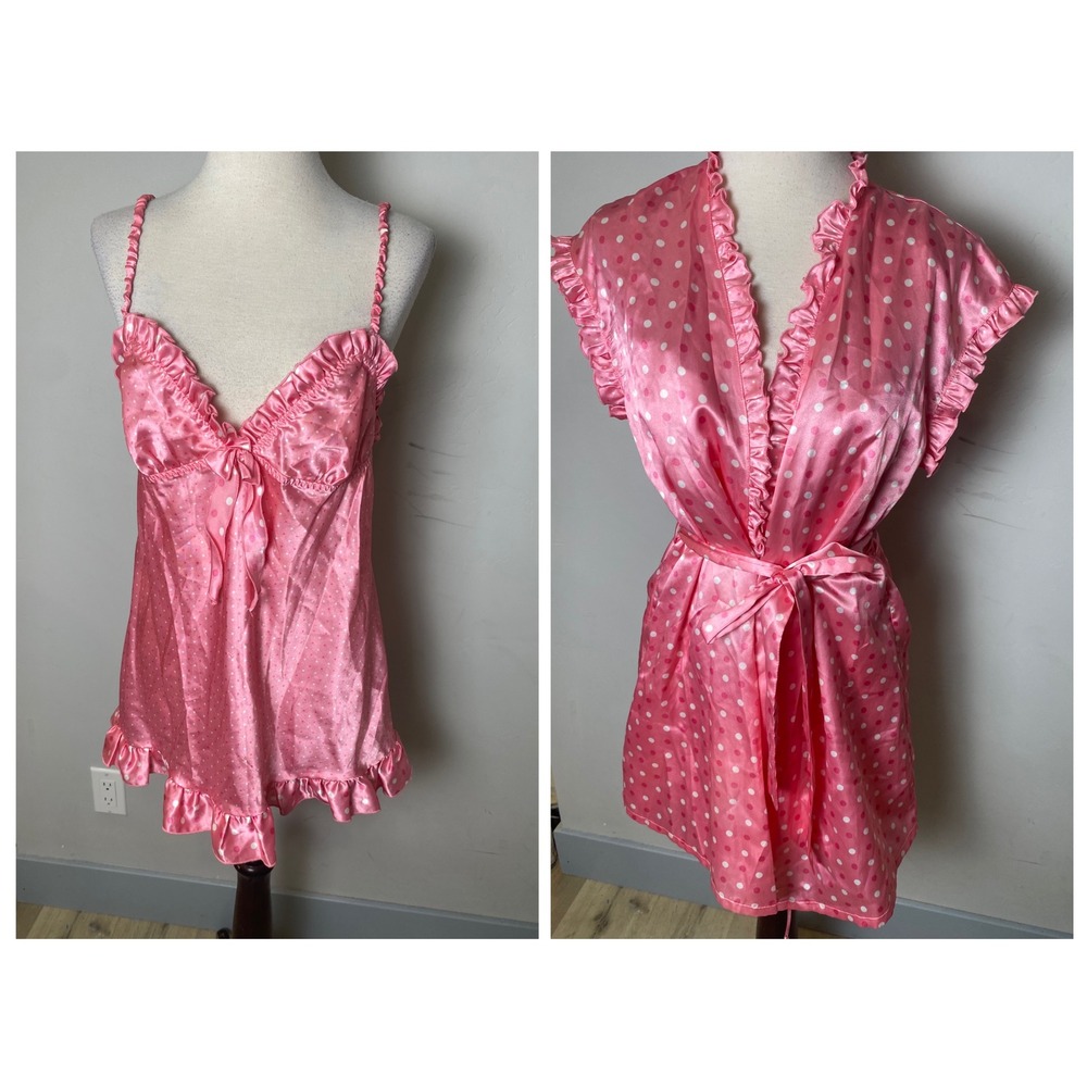 Vintage Cinema Etoile Pink Polka Dot Satin Babydoll Slip and Robe Set Small